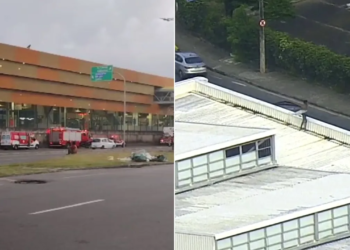 Homem sobe no teto do BRT no Iguatemi e arremessa placas de metal