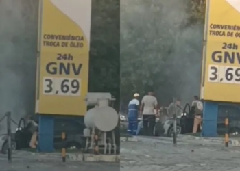 Carro pega fogo em posto de gasolina na Avenida Paralela