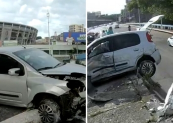 Carro quebra mureta e fica pendurado em viaduto próximo à Arena Fonte Nova