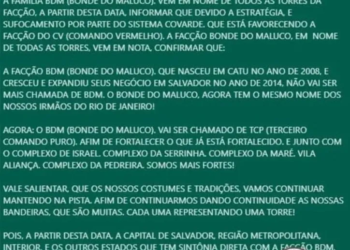 Suposto comunicado do BDM anuncia união com facção carioca TCP